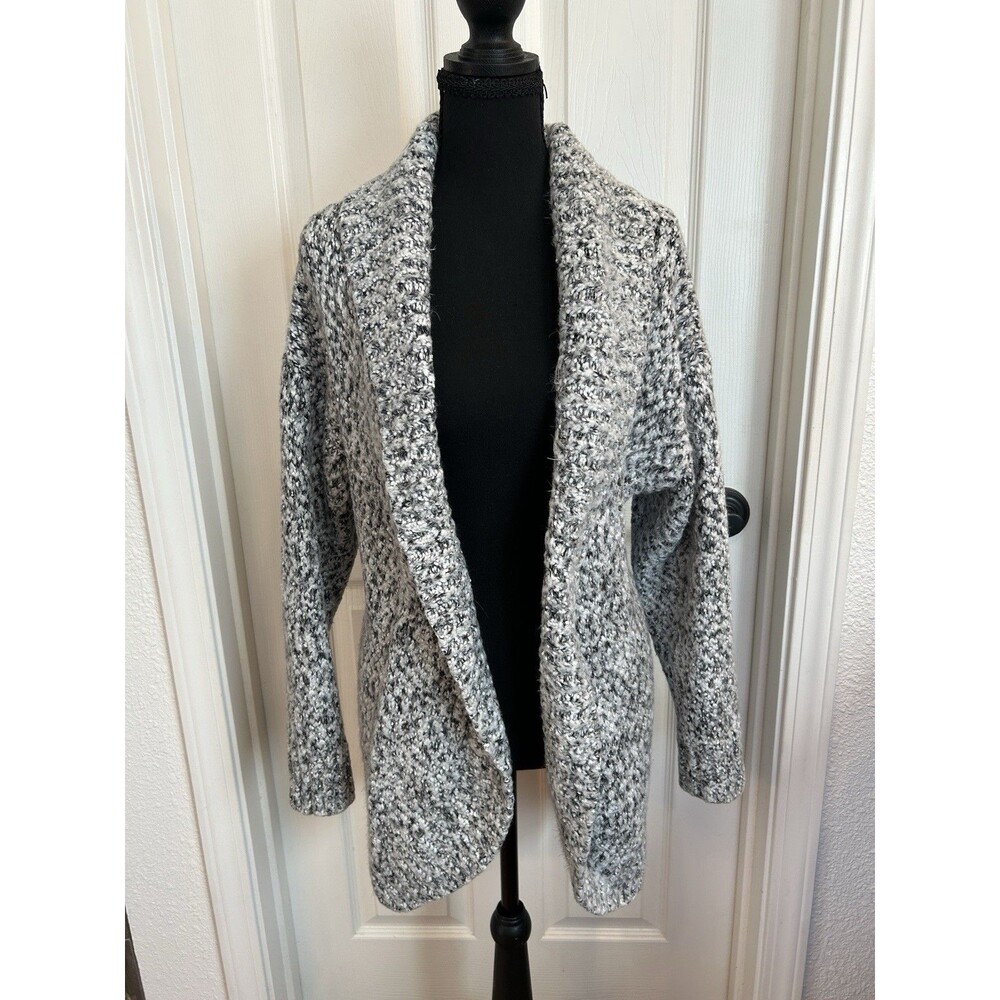 Jones New York Open Front Black White Long Cardigan L Fuzzy Cozy Elevated Basic